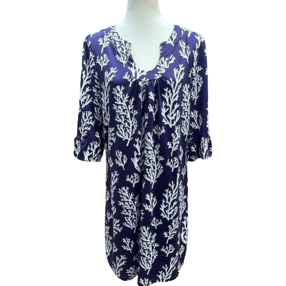 Top it Off Navy Coral Tunic Dress L Cover Up Resort Poolside Coastal Style - Picture 7 of 8